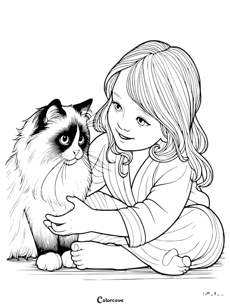 Une jeune fille aux cheveux longs assise par terre caressant un chat Ragdoll duveteux sur cette page de coloriage à imprimer.