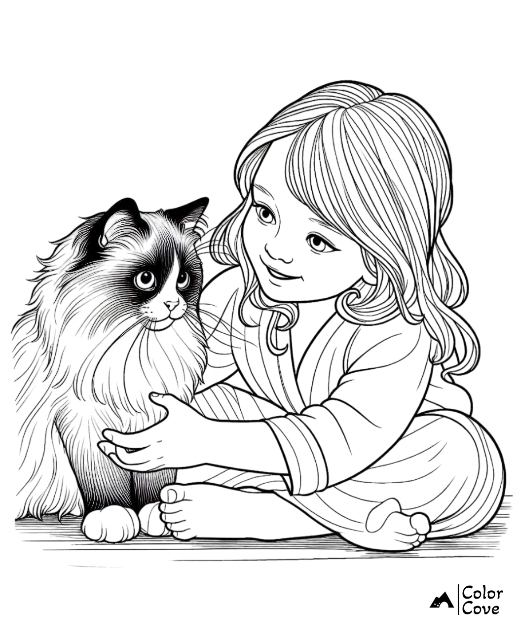 Coloring page of a young girl sitting and gently hugging a long-haired cat, by Color Cove.