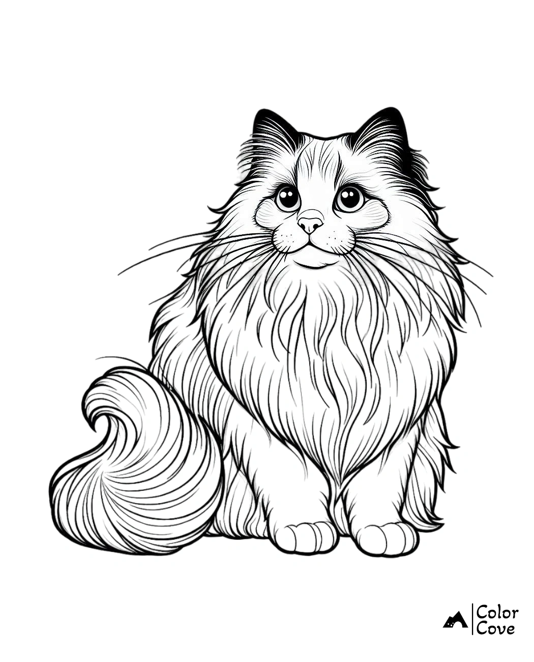 Cute fluffy cat coloring page with detailed fur, perfect for kids and adults to enjoy creative coloring.