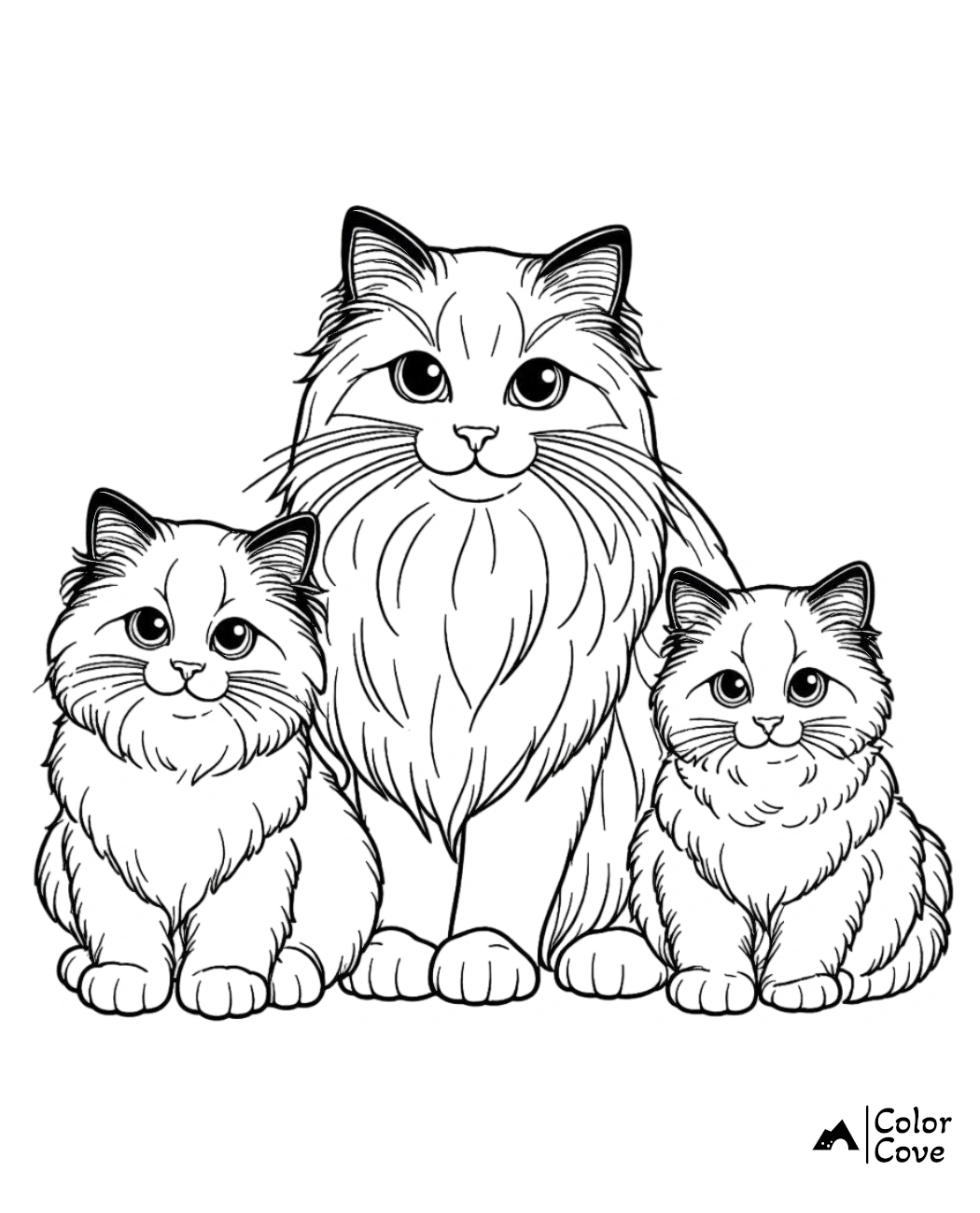 Cat family coloring page: three fluffy cats sitting together, ready to be colored. Ideal for kids and cat lovers.