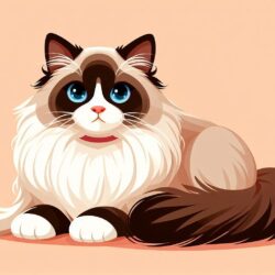 Coloring page of a fluffy cat with blue eyes, brown and white fur, and long tail, perfect for kids and adults to color.