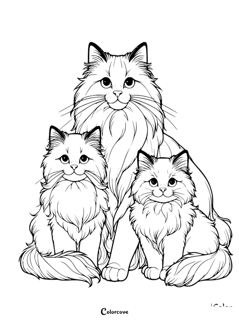 Une page de coloriage à imprimer représentant un grand chat Ragdoll assis derrière deux petits chatons Ragdoll duveteux.