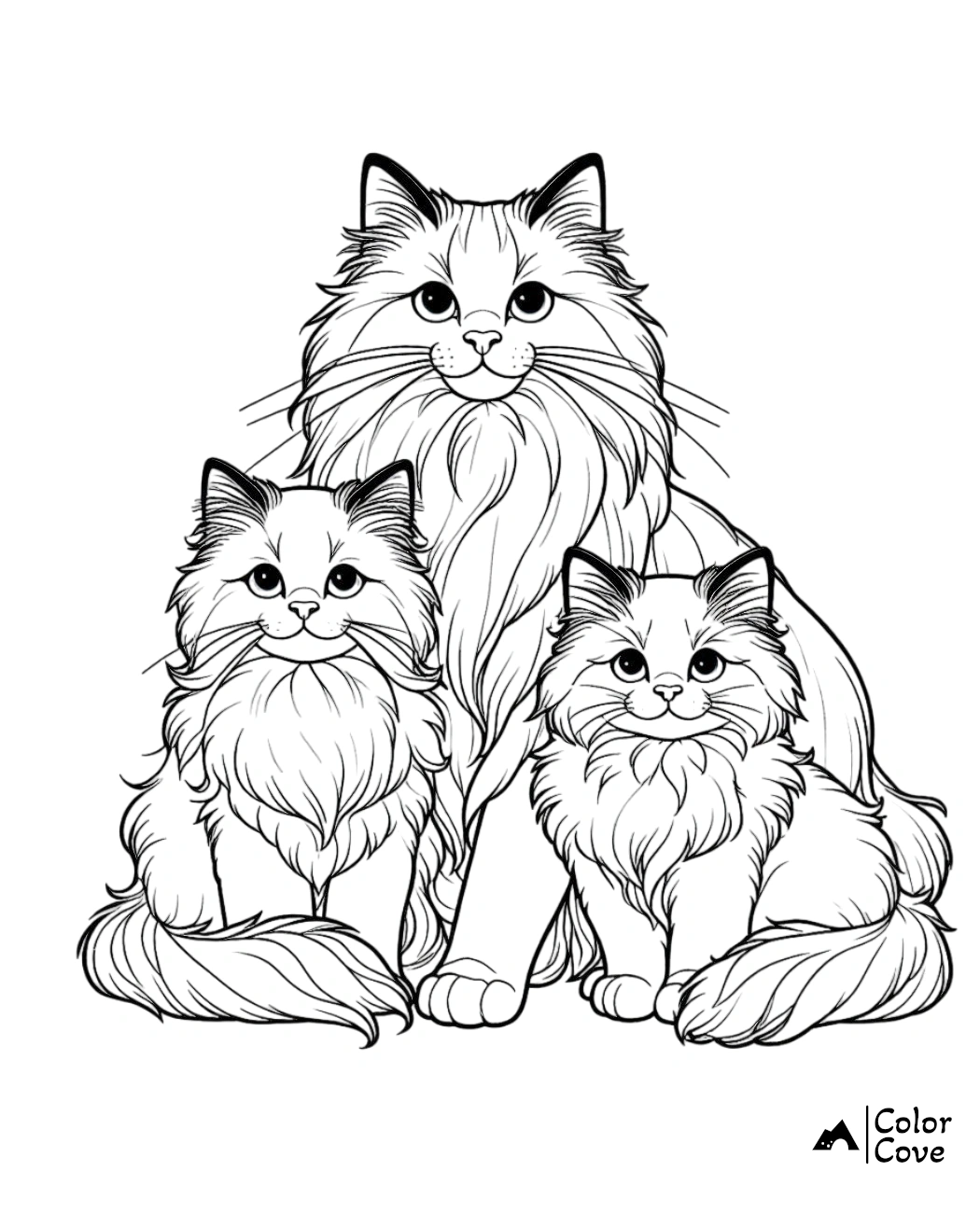 Coloring page of three fluffy cats, one large and two smaller, with intricate details ready for coloring.