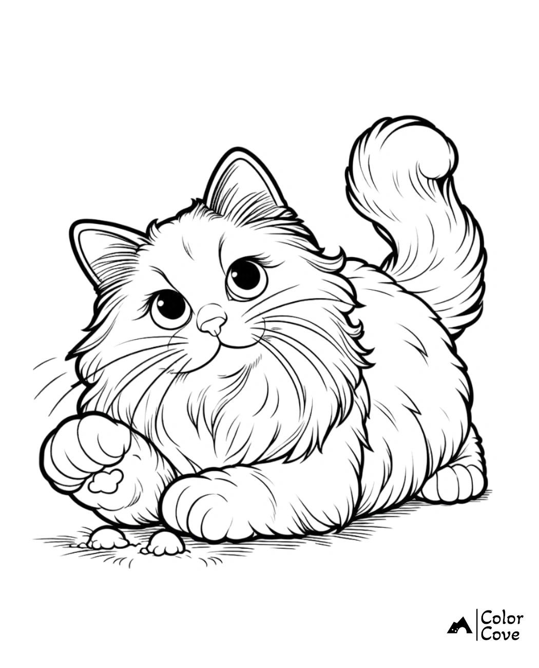 Adorable fluffy kitten coloring page, cute cat with big eyes and bushy tail, perfect for kids and animal lovers.