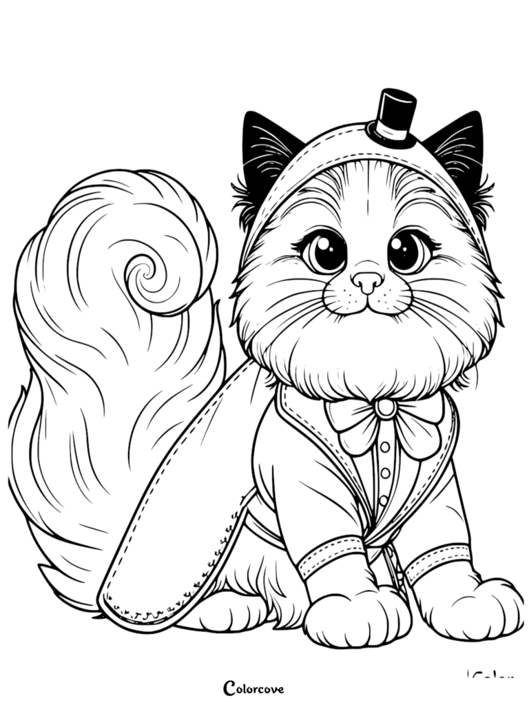 Un mignon chat Ragdoll portant un minuscule haut-de-forme et une cape de smoking formelle sur cette page de coloriage à imprimer.