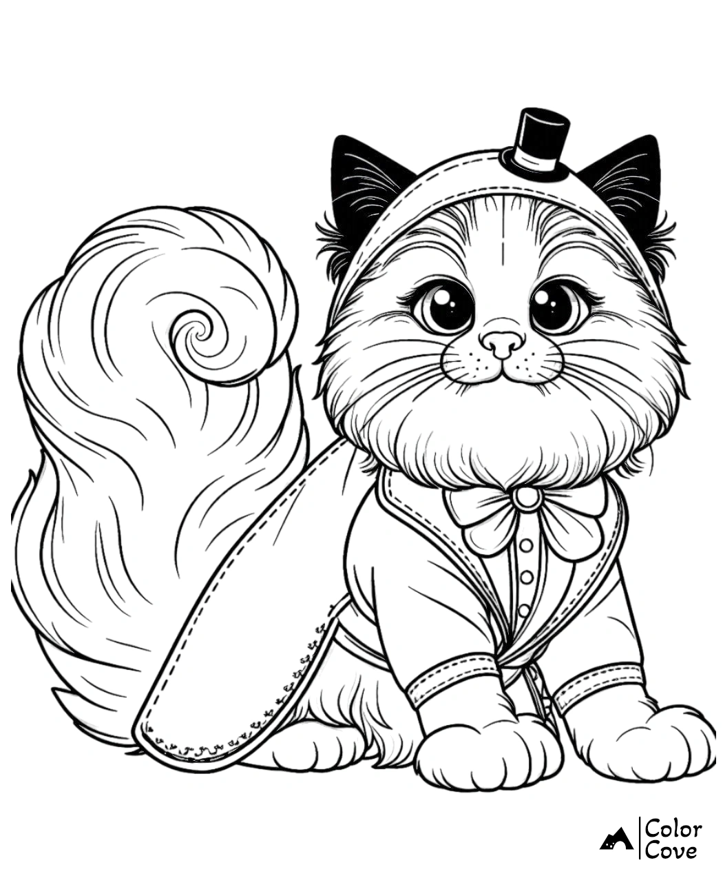 Cute cat in a fancy dress and hat coloring page for kids, intricate animal illustration for coloring enthusiasts.