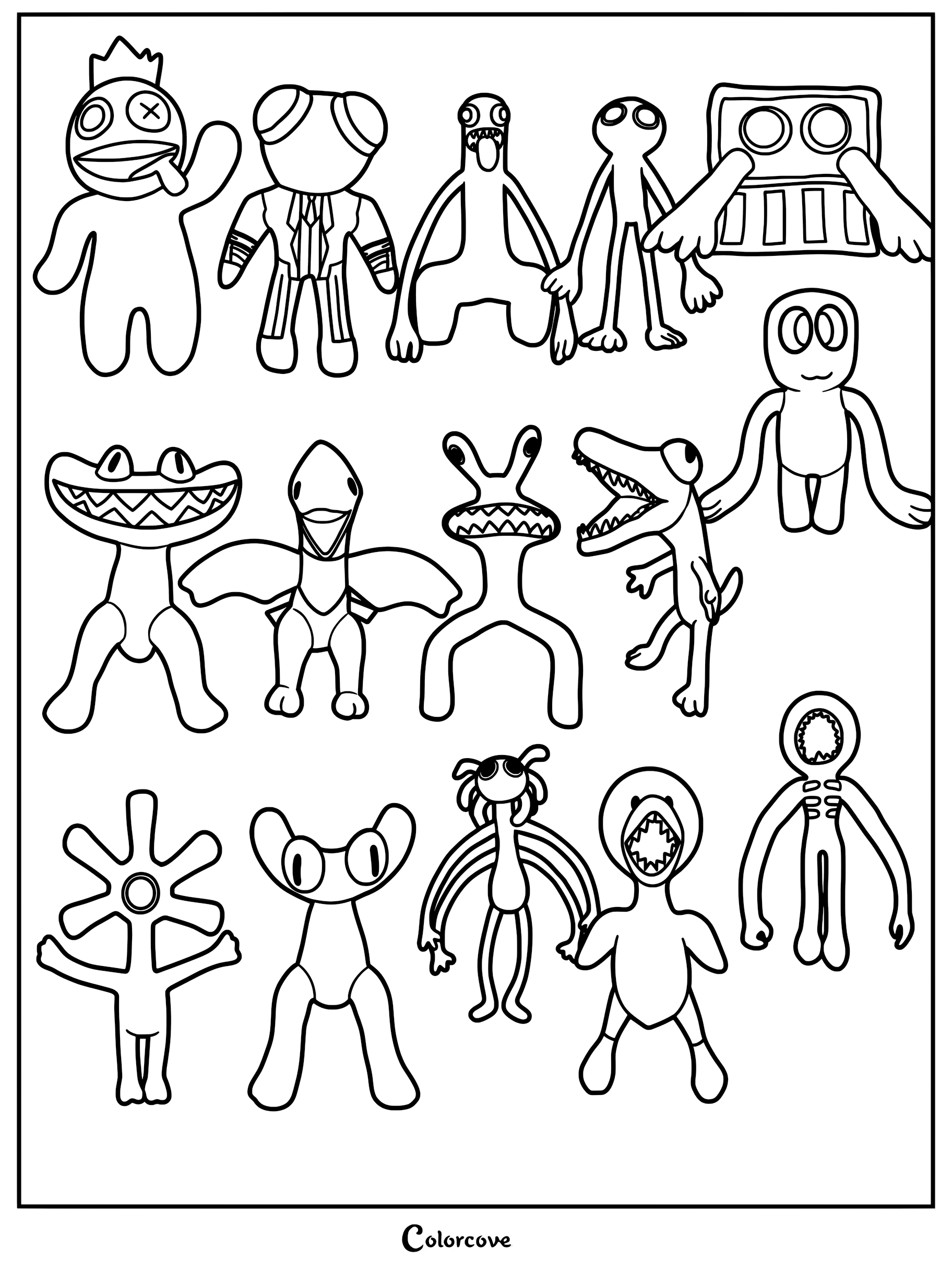 A printable coloring page featuring all characters from Rainbow Friends, including Blue, Green, Orange, Purple, and various other monsters in a grid layout.