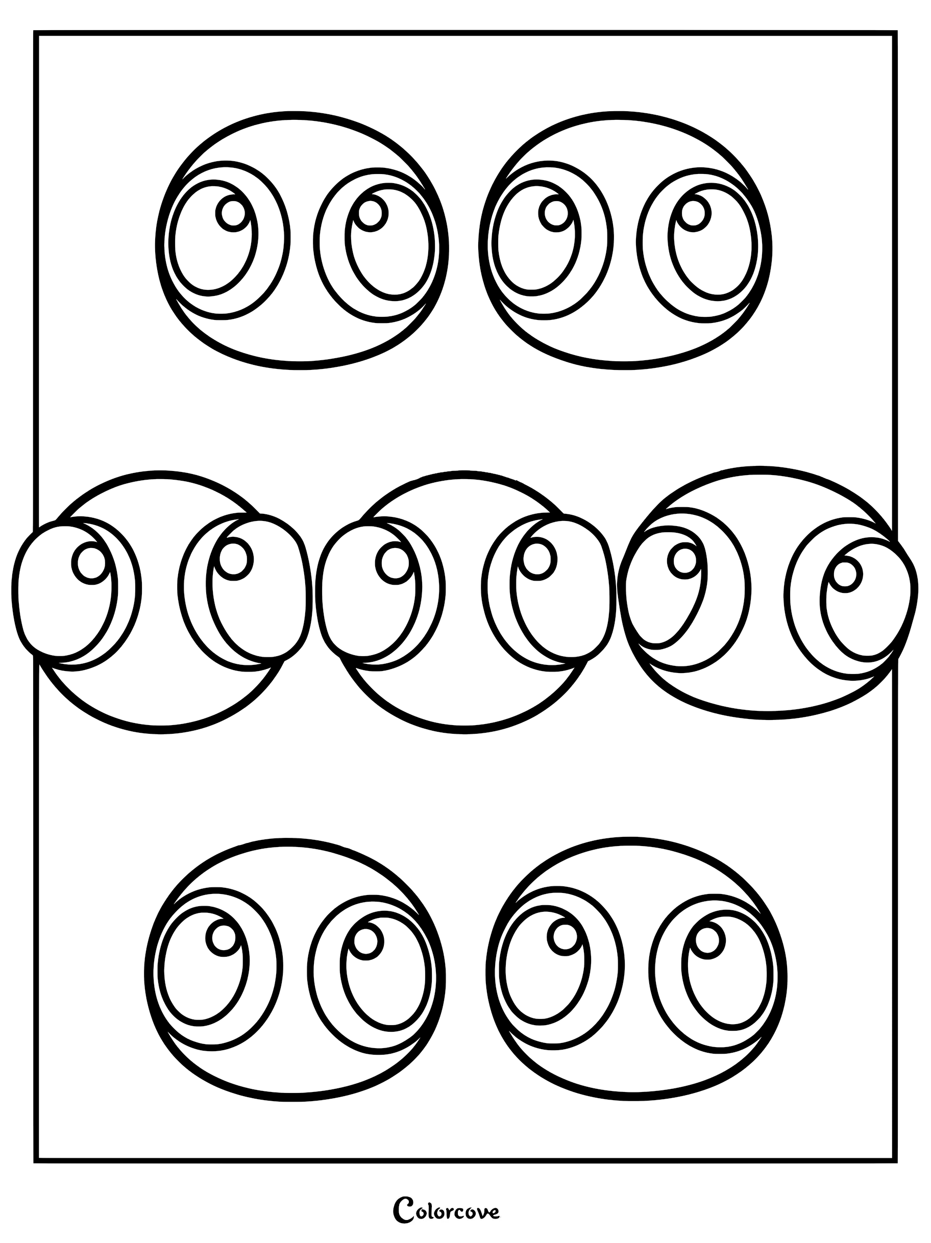 Seven round Lookies from Rainbow Friends arranged in rows on a printable coloring page.