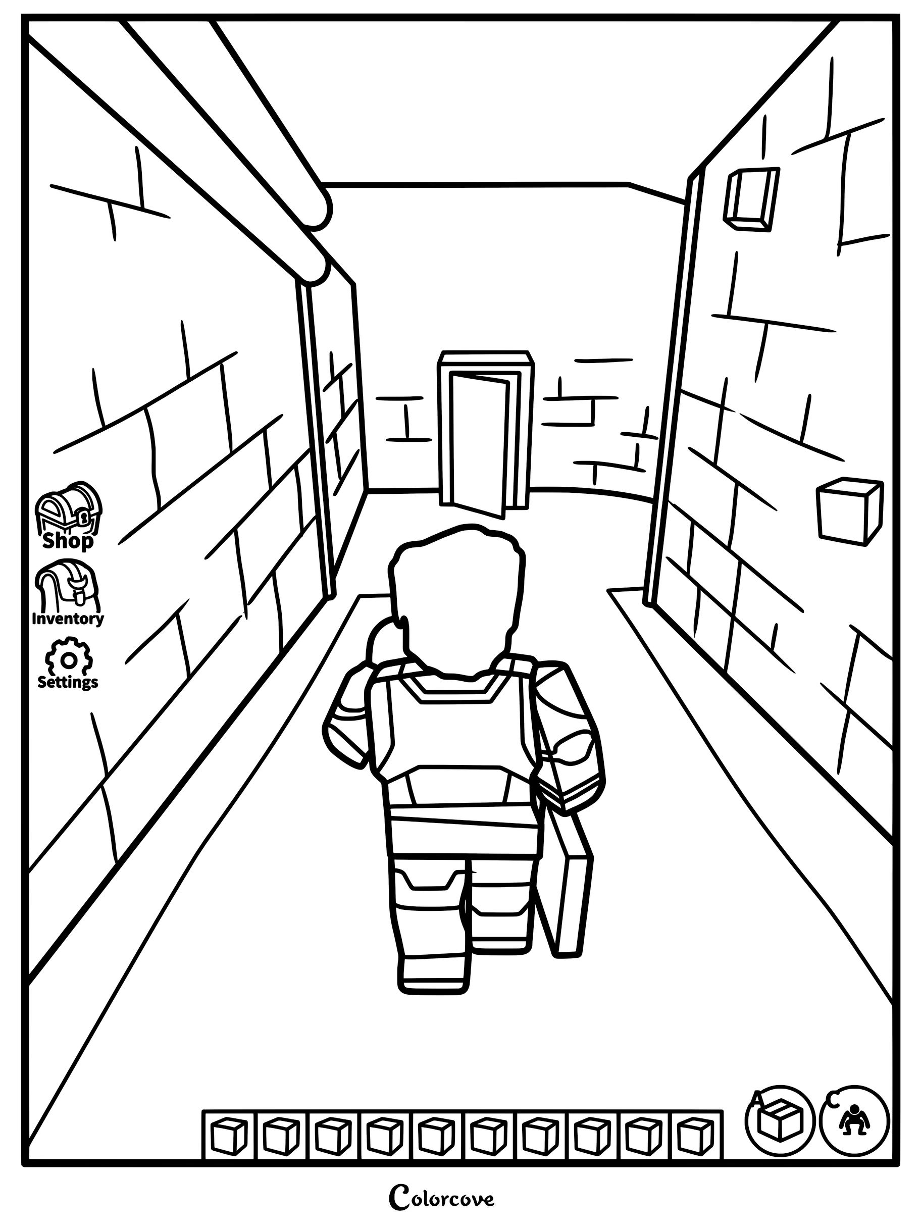 A printable coloring page showing the player character walking down a brick hallway at the start of Chapter 1 in Rainbow Friends, featuring UI elements like shop, inventory, and settings.
