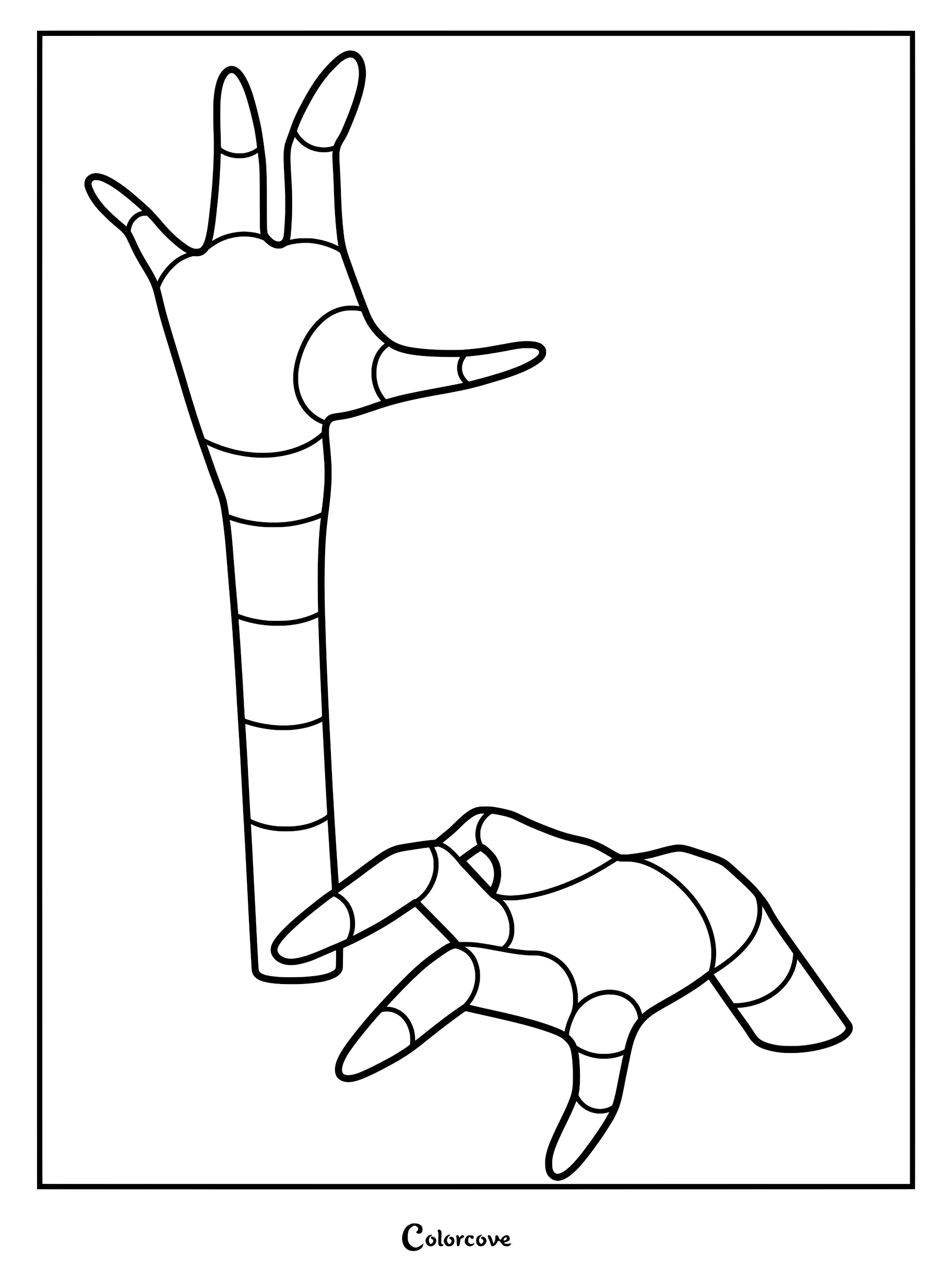 A detailed coloring page featuring the long, slender hands and arms of Purple from Rainbow Friends reaching out.