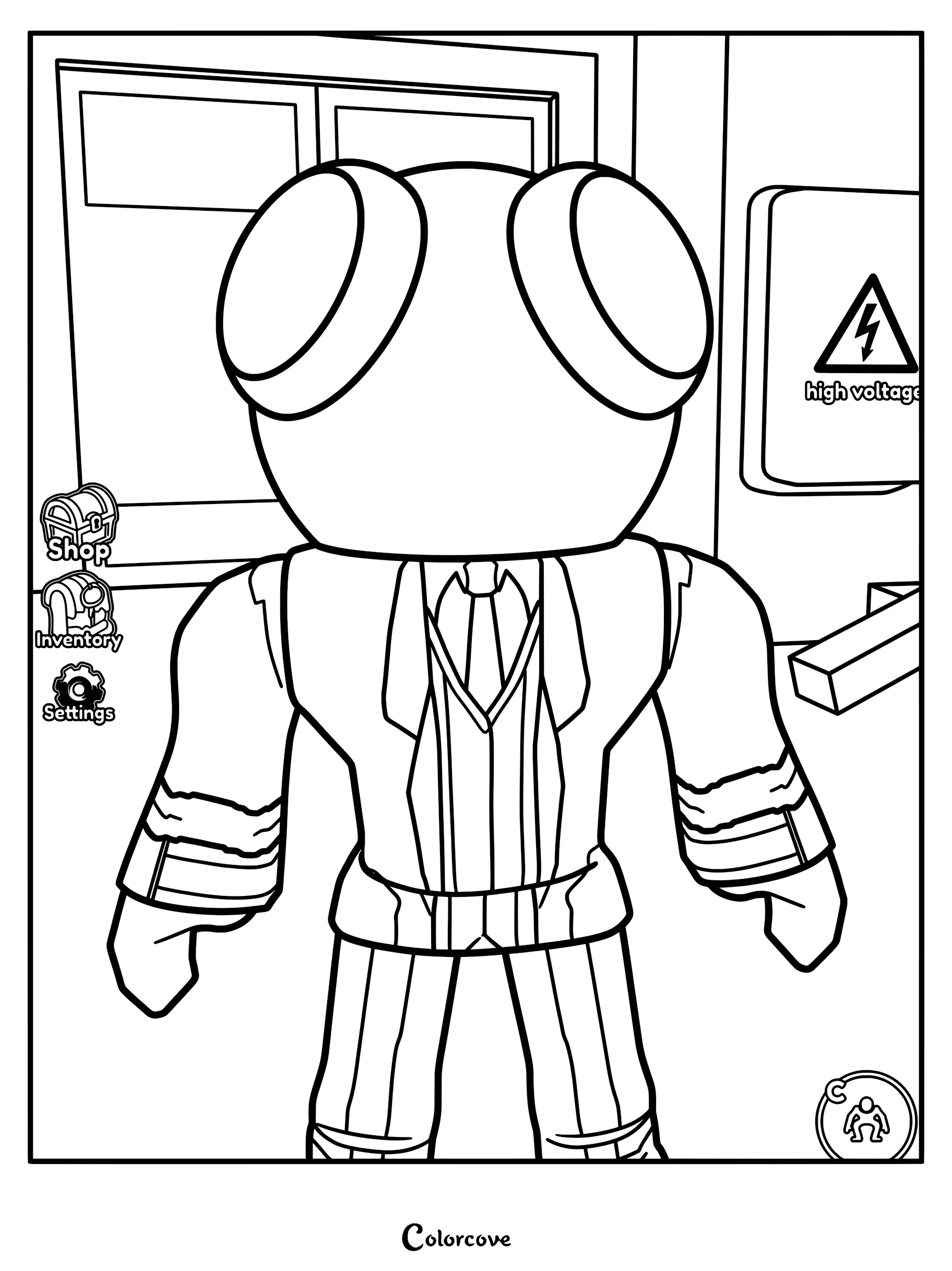 Rainbow Friends Scientist character in a suit standing near a high voltage sign on a printable coloring page.