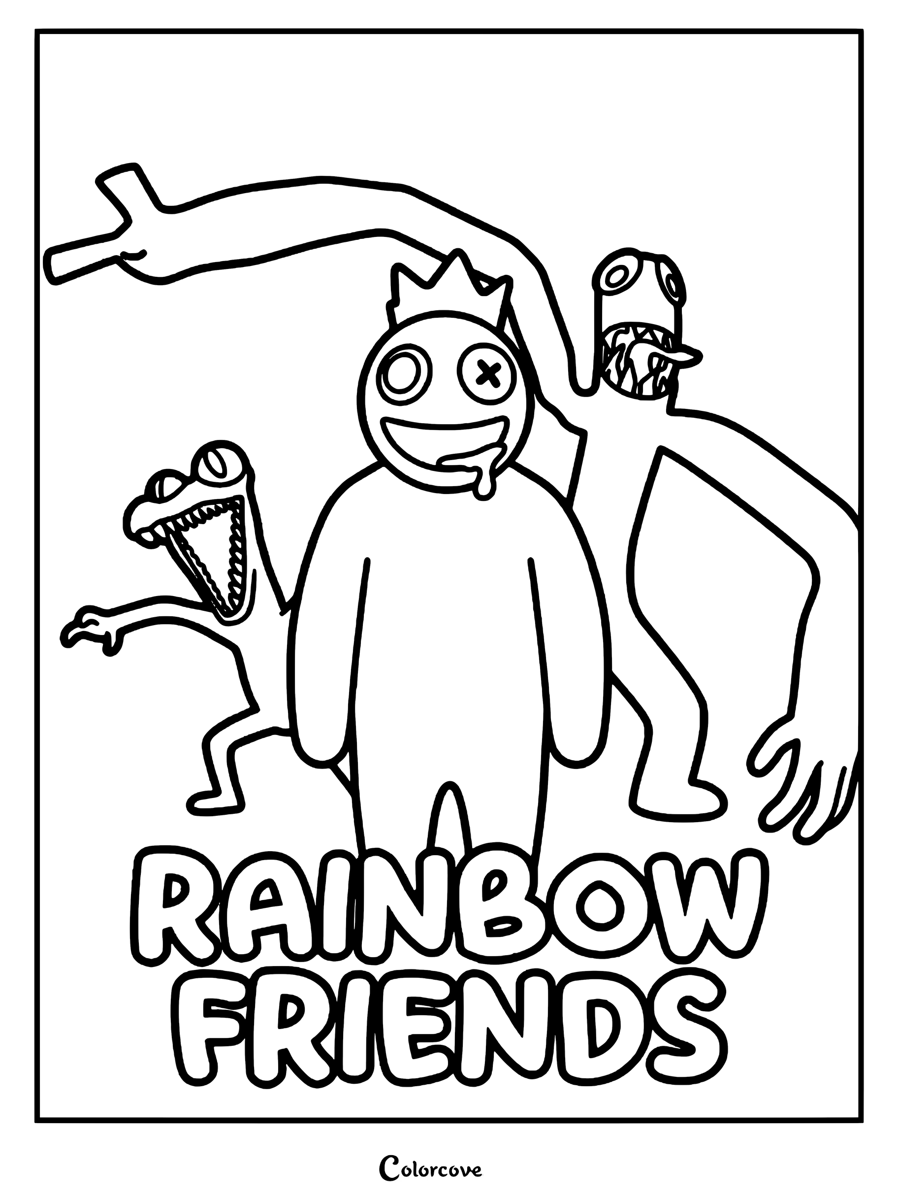 A printable coloring page featuring Blue, Green, and Orange from Rainbow Friends standing together.