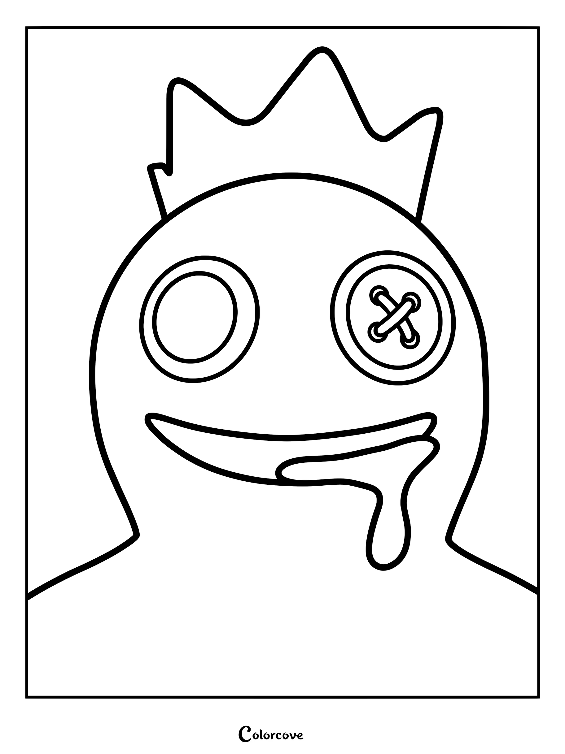 Close up coloring page of Blue from Rainbow Friends wearing a crown with one button eye and drooling mouth