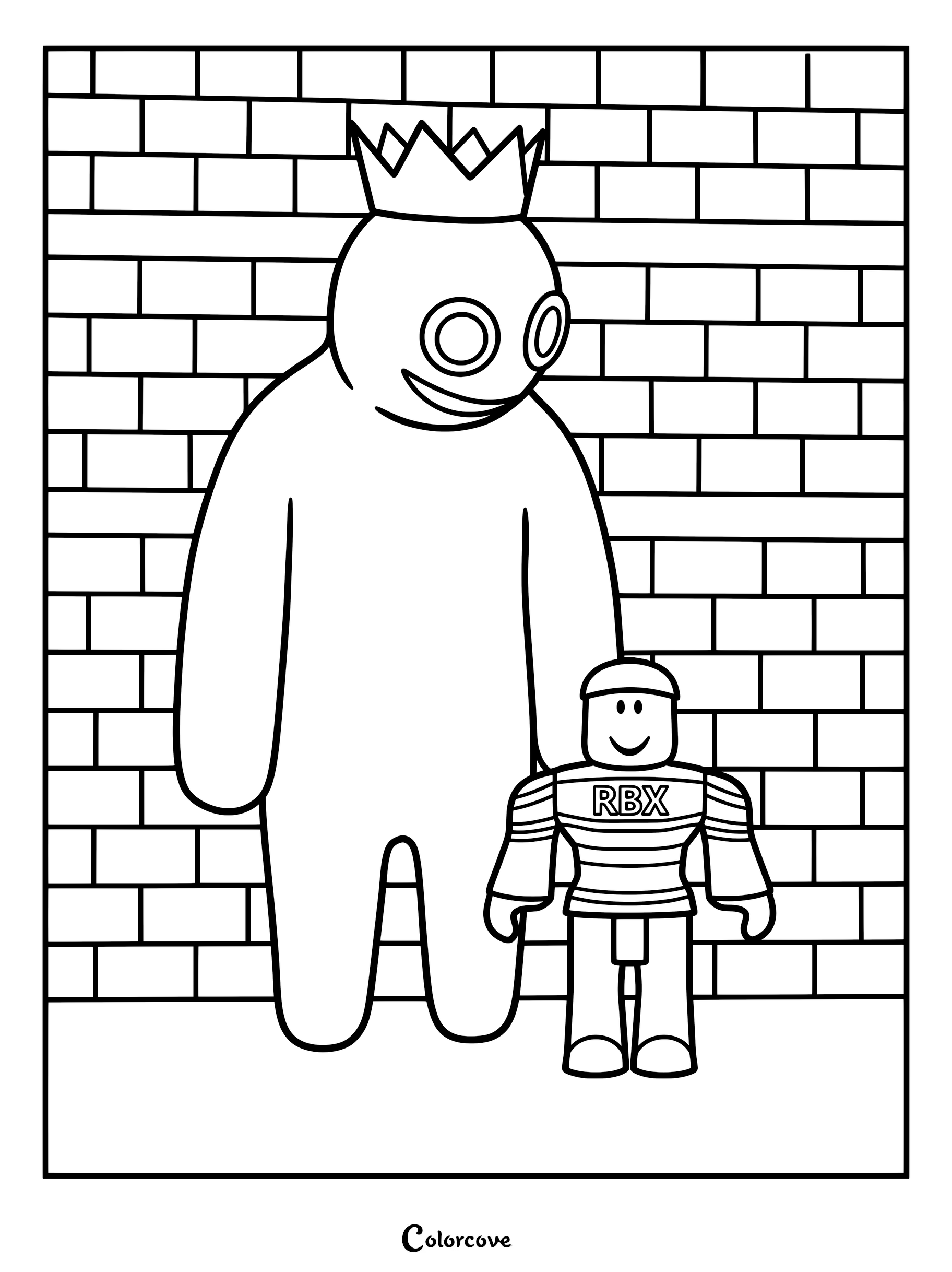 Blue from Rainbow Friends standing next to his first friend in this printable coloring page against a brick wall background.