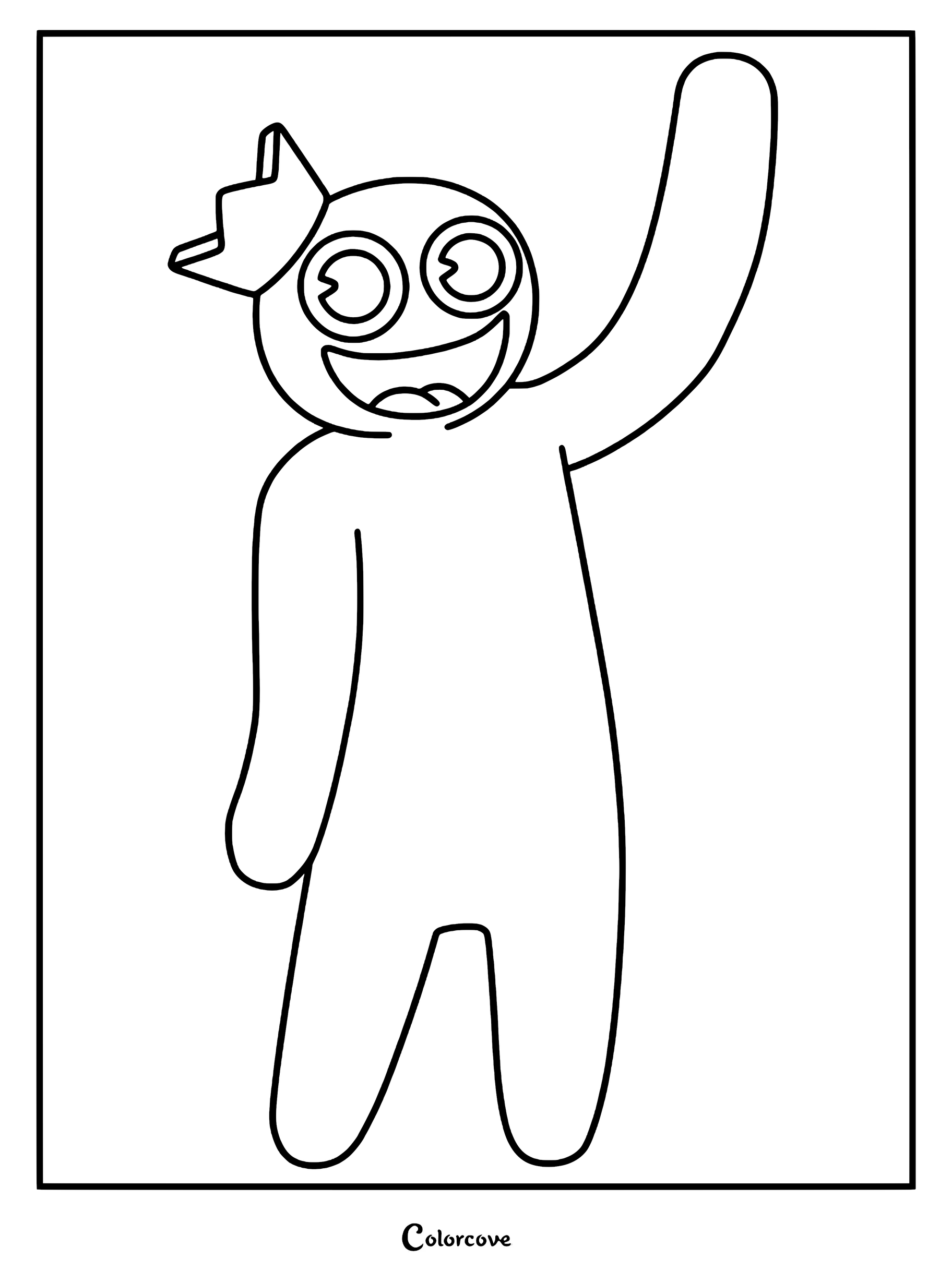 Blue from Rainbow Friends wearing a crown and waving, printable coloring page line art.