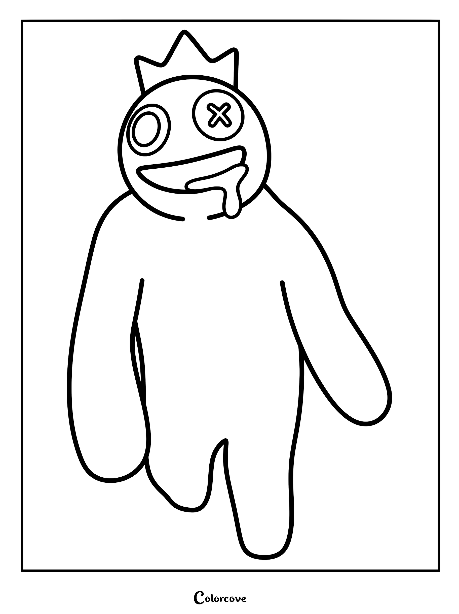 Blue from Rainbow Friends wearing a crown with one button eye and one normal eye, line art coloring page.