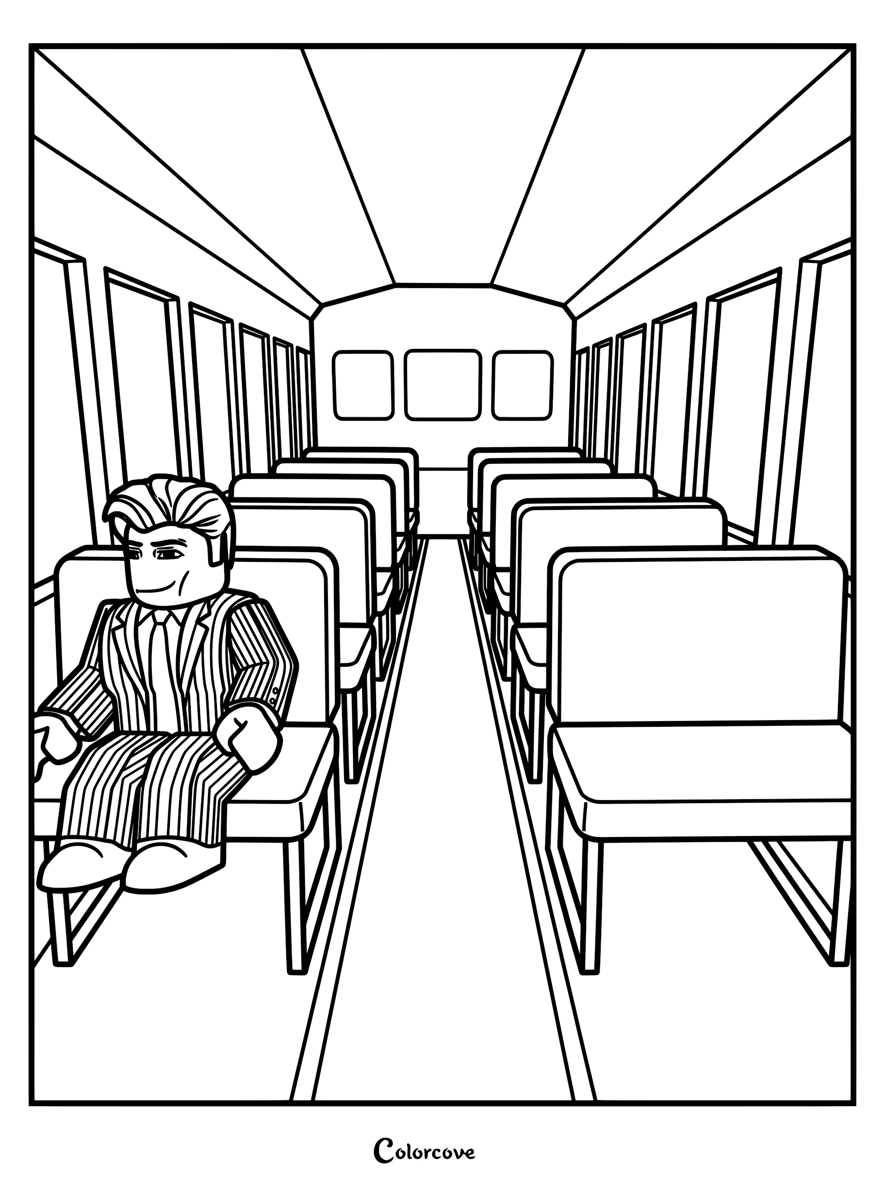 A Rainbow Friends character wearing a pinstripe suit sitting alone on a bus, printable coloring page.