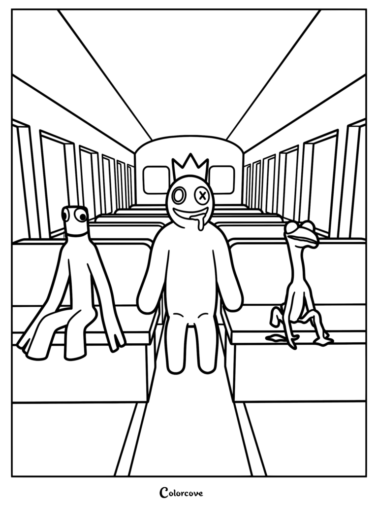 Rainbow Friends coloring page featuring Green, Blue, and Orange sitting together on a bus.