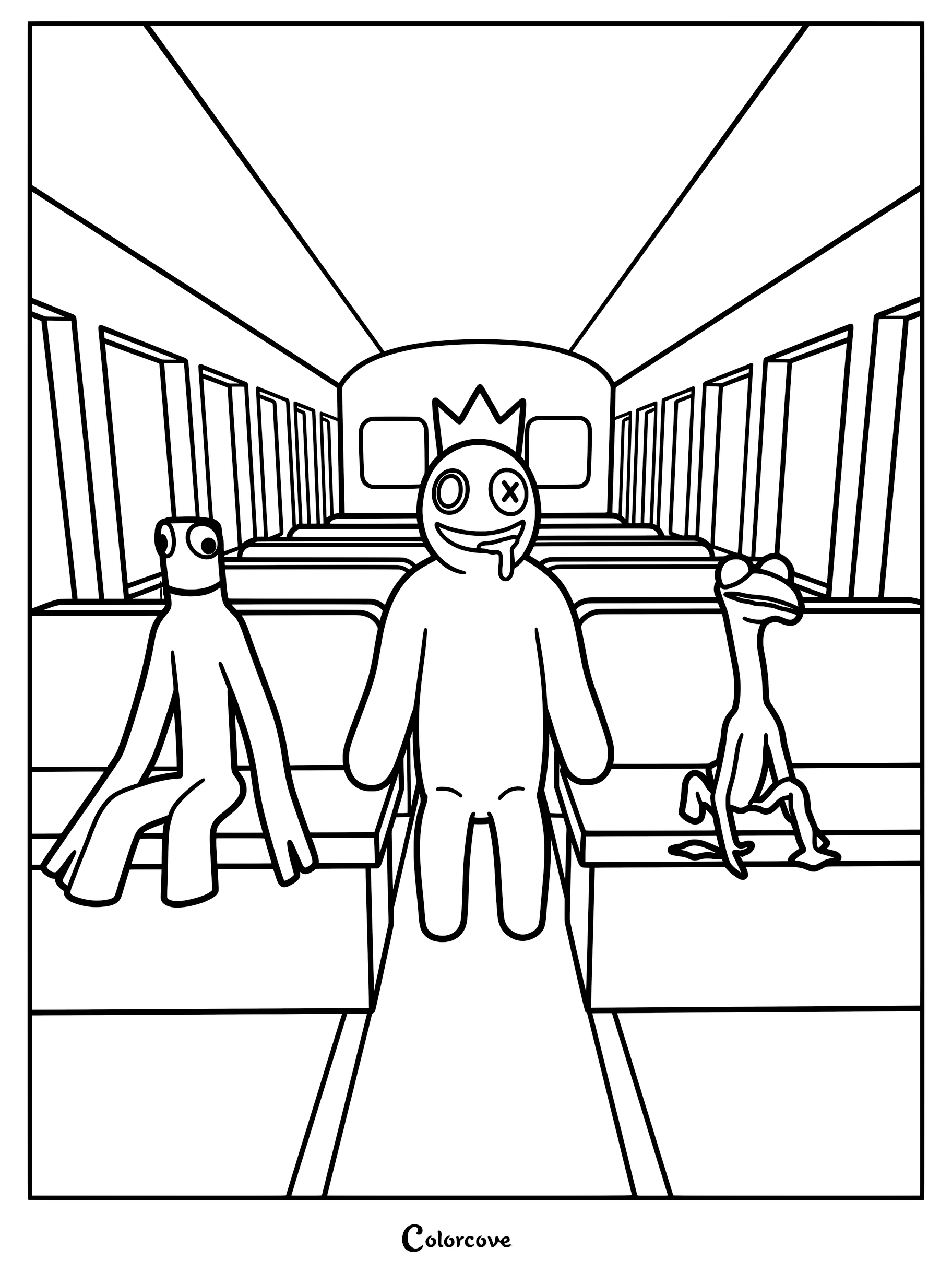 Rainbow Friends coloring page featuring Green, Blue, and Orange sitting together on a bus.
