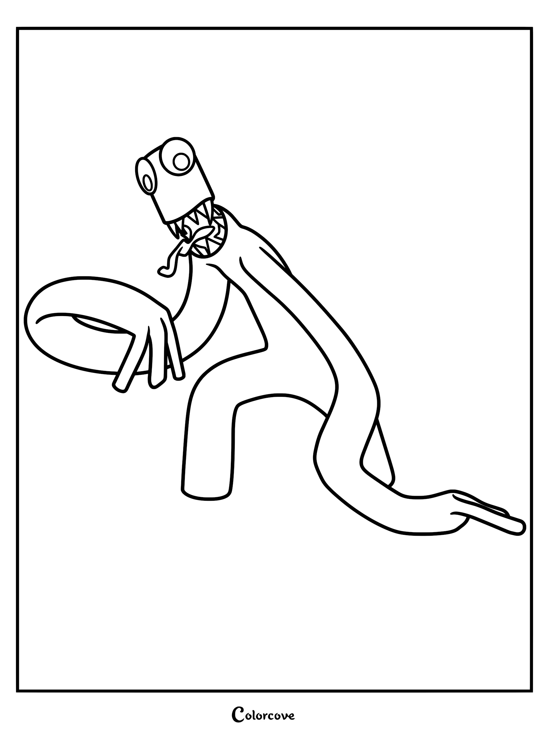 A printable coloring page featuring Green from Rainbow Friends with long arms and a wide, toothy grin.