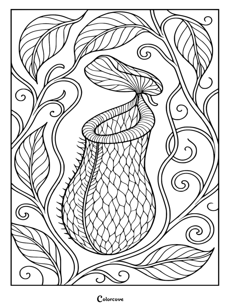 A detailed line art coloring page featuring a Nepenthes pitcher plant surrounded by swirling tropical vines and large leaves.