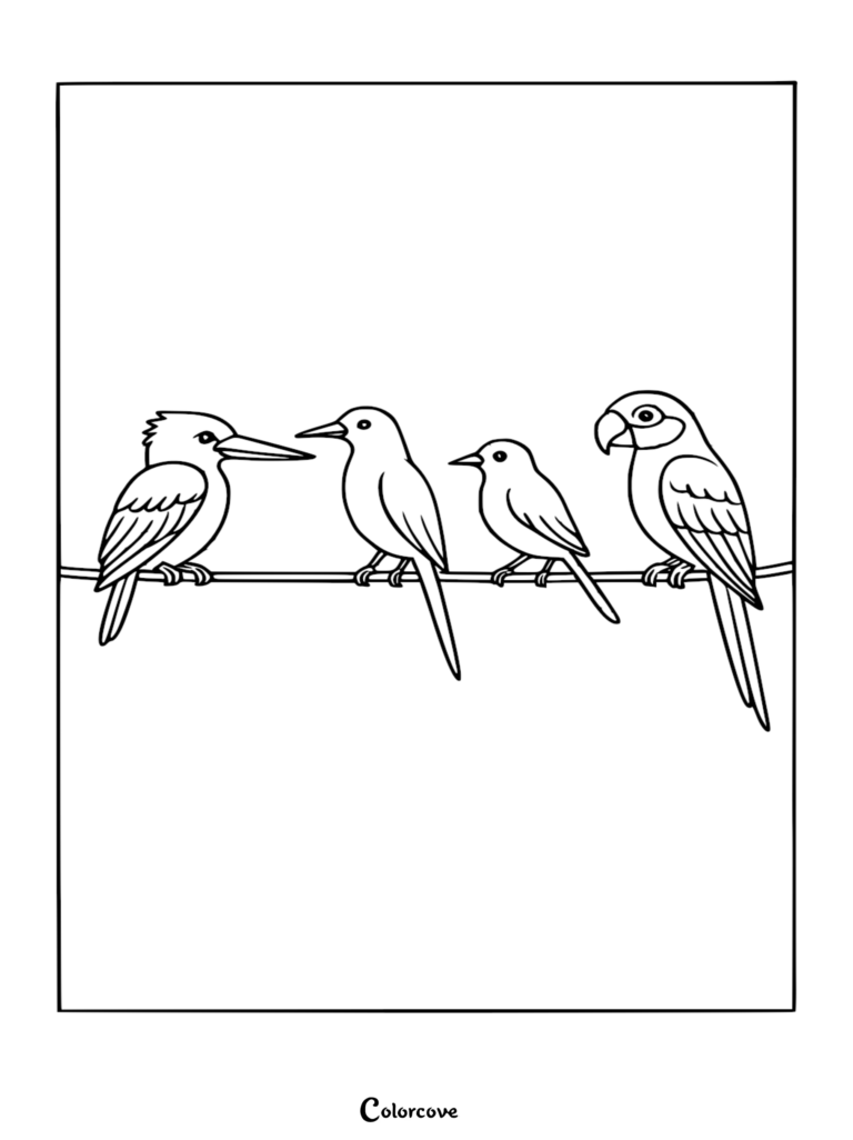 A coloring page featuring four diverse tropical birds, including a kingfisher and a macaw, perched in a row on a thin branch.