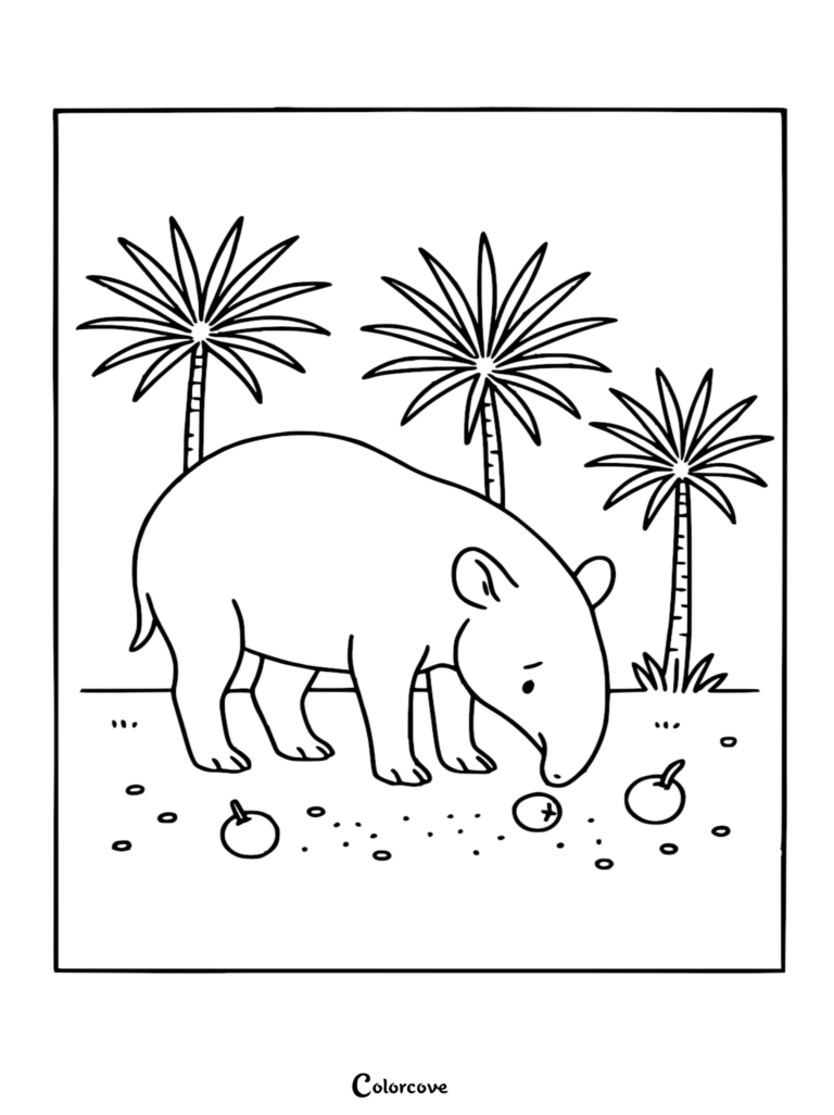 A cute tapir foraging for fruit on the ground in a rainforest coloring page with three palm trees in the background.