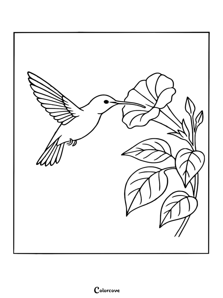 A hummingbird hovering in mid-air to drink nectar from a tropical flower in this rainforest coloring page.