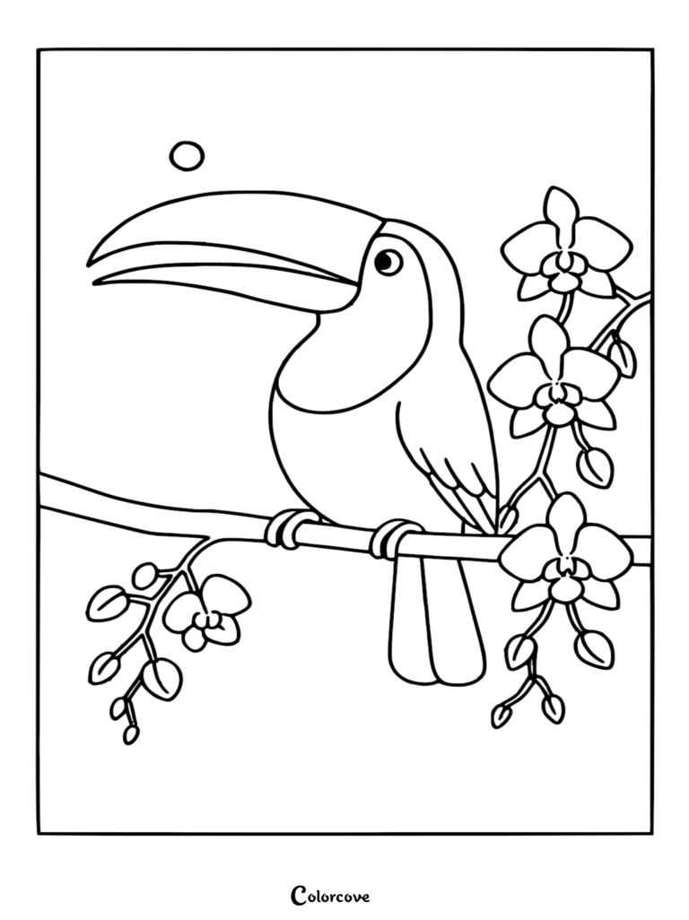 A simple toucan perched on a branch surrounded by blooming orchids in this rainforest coloring page.