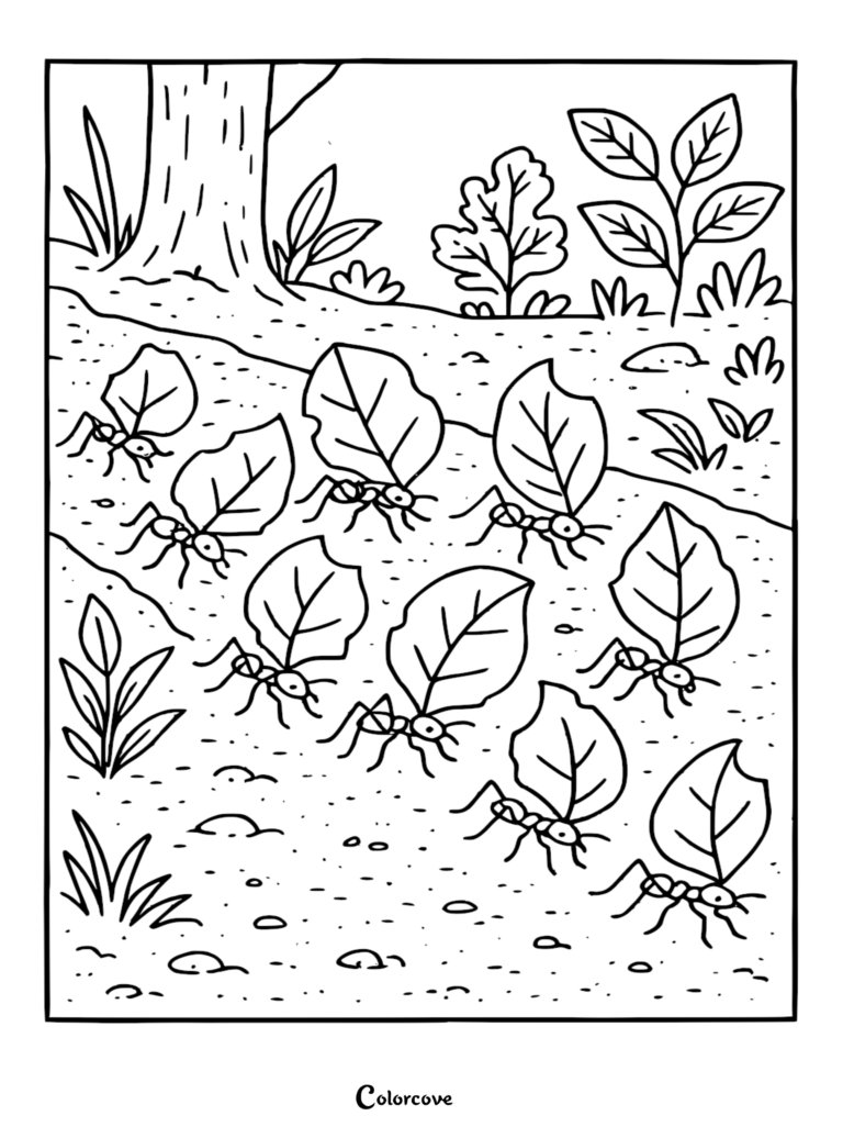 A printable coloring page featuring a line art illustration of a trail of leafcutter ants carrying large leaf fragments across a sandy rainforest floor near tree roots.