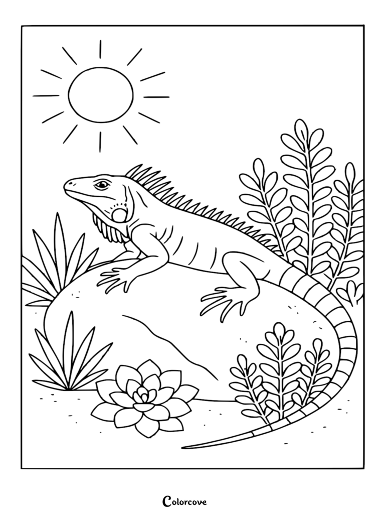 A detailed iguana resting on a large rock surrounded by tropical plants and a bright sun in this rainforest coloring page.