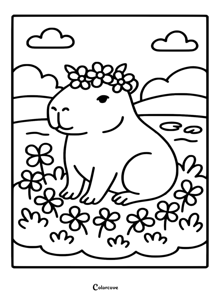 A cute capybara wearing a flower crown sitting in a field of clover, printable coloring page.
