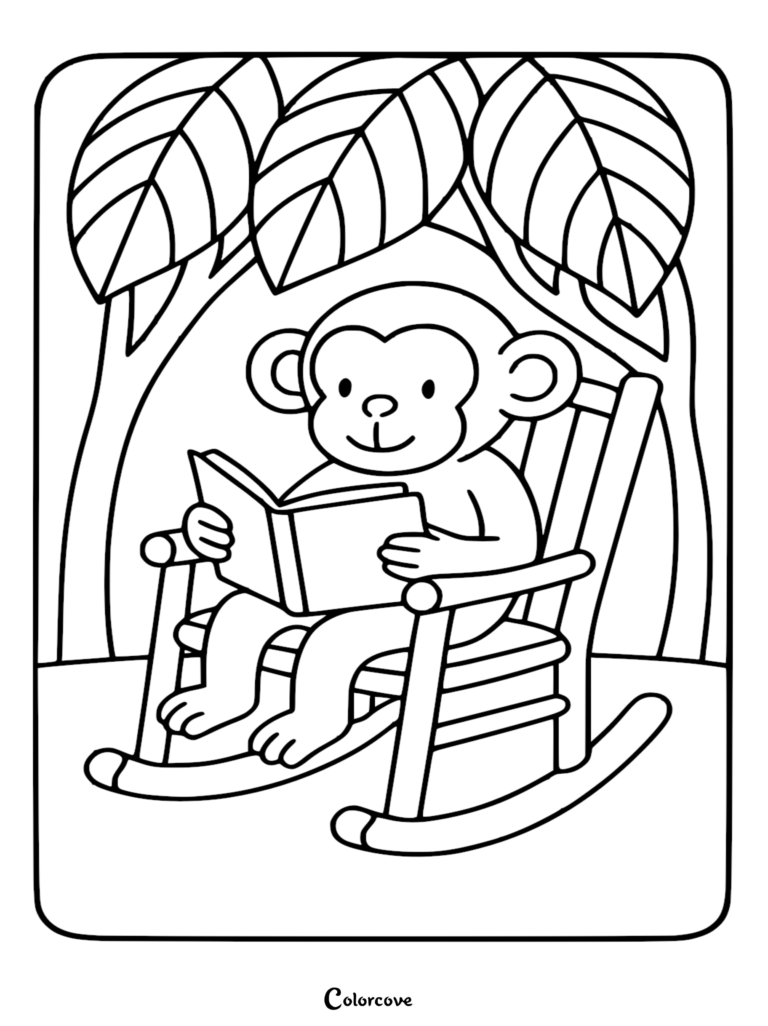 A cute monkey sitting in a wooden rocking chair reading a book under large rainforest leaves, printable coloring page.