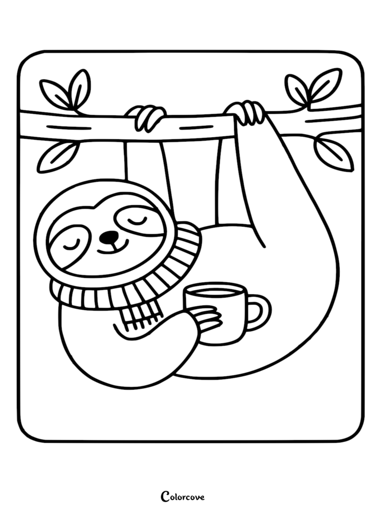 A cute sloth wearing a striped scarf hanging from a tree branch while holding a coffee mug in this printable coloring page.