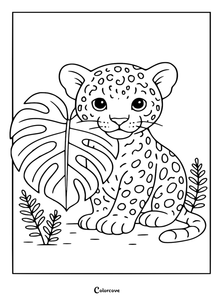 A cute baby leopard sitting next to a large monstera leaf in a rainforest setting, black and white coloring page.