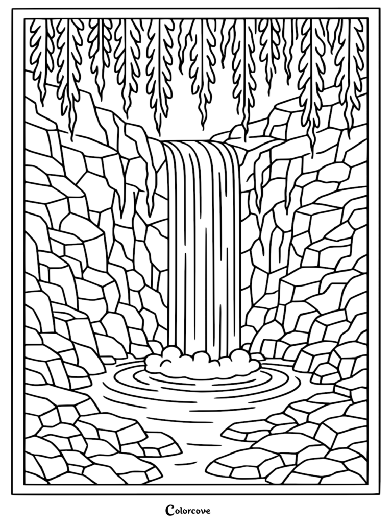 A detailed rainforest waterfall coloring page featuring cascading water over jagged rocks and hanging tropical vines.