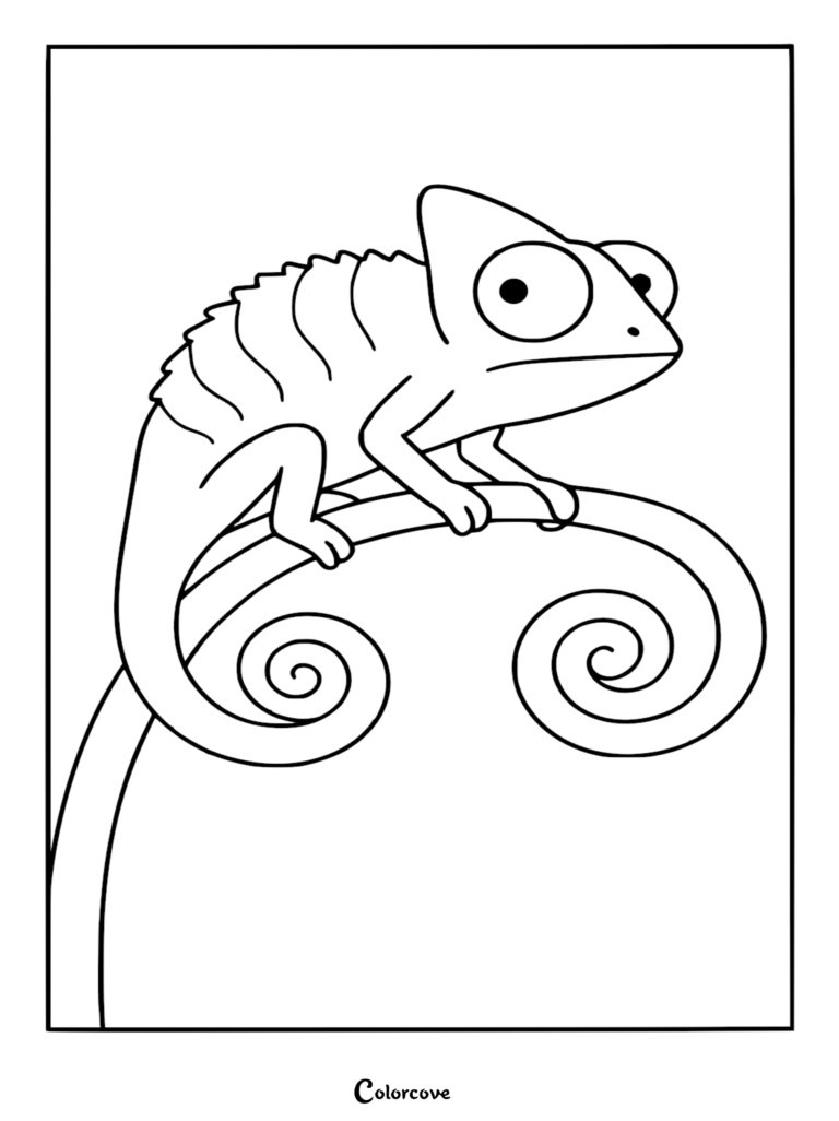 A simple coloring page featuring a cartoon chameleon with a curled tail perched on a spiral branch.