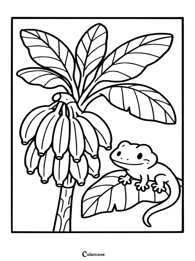 A cute gecko resting on a large leaf next to a bunch of bananas in this rainforest coloring page.