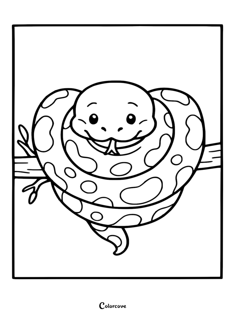 A friendly cartoon snake with spotted patterns coiled around a tree branch in this simple rainforest coloring page.