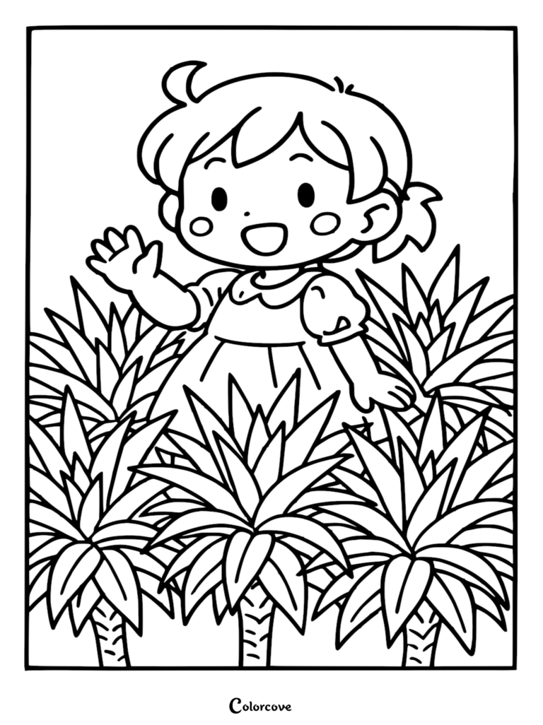 A cute cartoon girl with short hair waving her hand while standing behind three tropical palm plants in a rainforest coloring page.