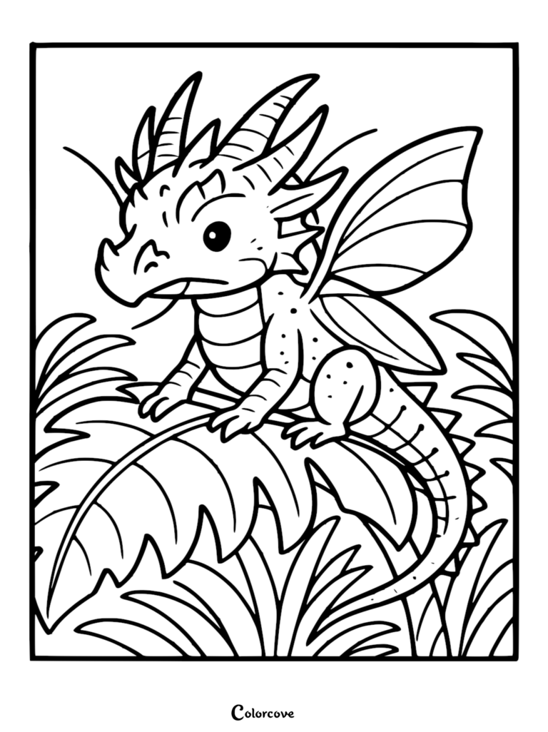 A cute baby dragon with horns and wings perched on a large tropical leaf in a rainforest coloring page.