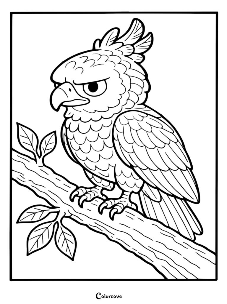 A detailed coloring page featuring a grumpy-looking Harpy Eagle perched on a thick rainforest tree branch with simple leaves.