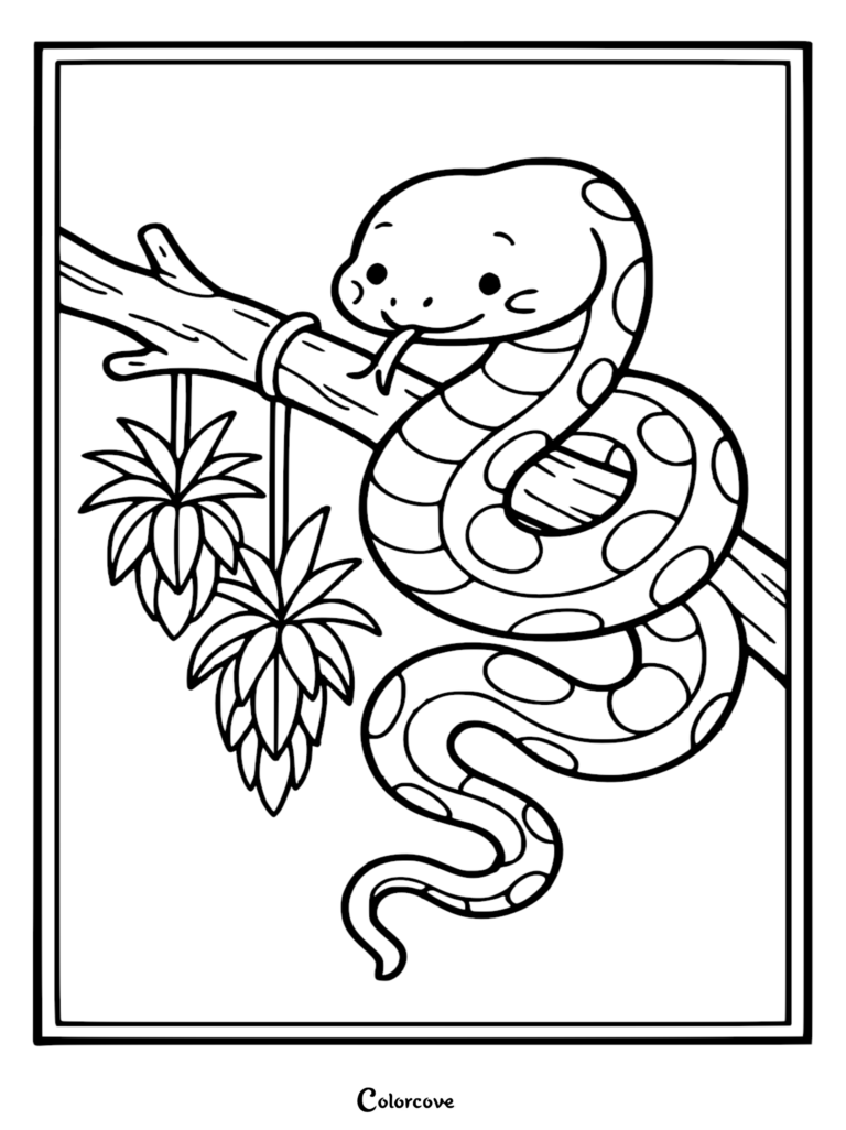 A cute spotted snake with a forked tongue coiled around a rainforest tree branch with hanging air plants in this printable coloring page.