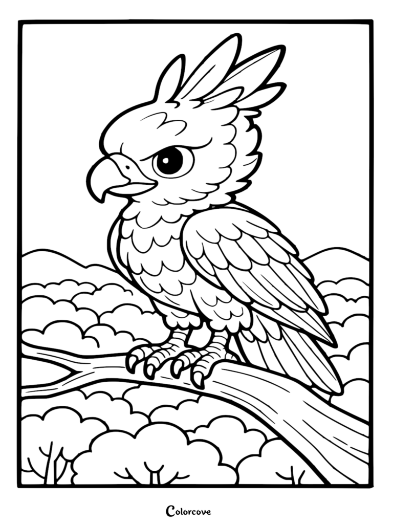 A cute cartoon Harpy Eagle with a large crest perched on a tree branch in a rainforest, printable coloring page.