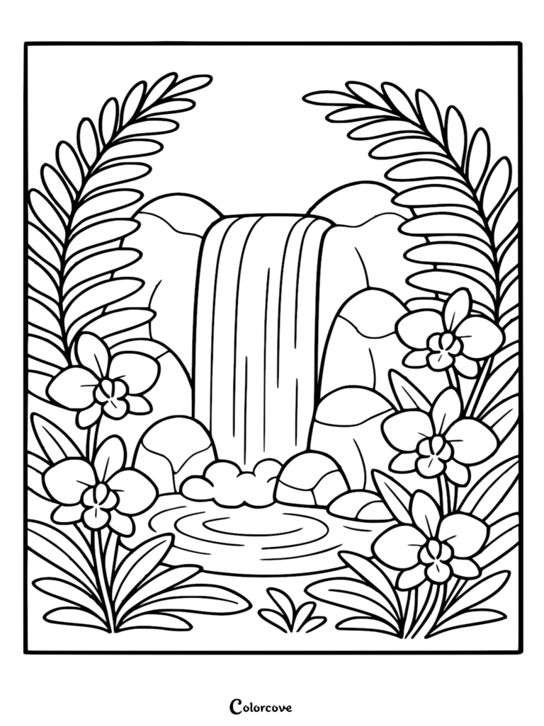 A printable coloring page featuring a tropical waterfall cascading into a pool, framed by lush fern leaves and blooming orchids.