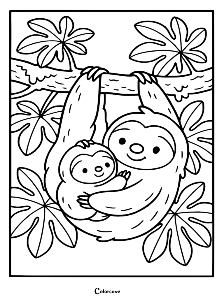 A cute sloth mother holding her baby while hanging from a rainforest tree branch in this printable coloring page.