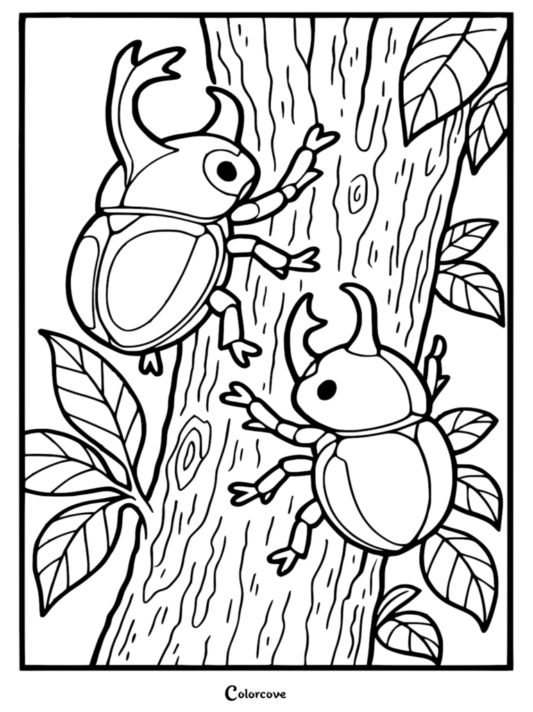 Two rhinoceros beetles climbing a textured rainforest tree trunk in this printable coloring page.