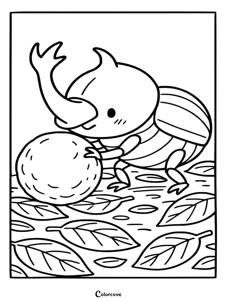 A cute cartoon rhinoceros beetle pushing a large round fruit on a forest floor covered in leaves, coloring page style line art.