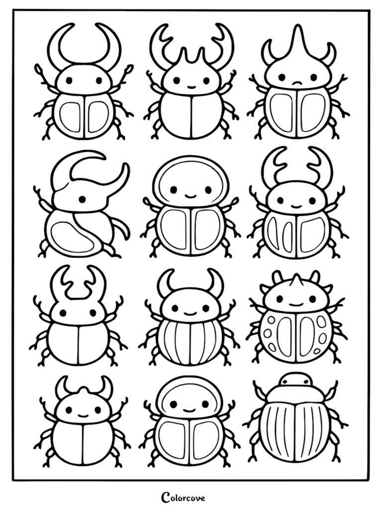 A printable coloring page featuring twelve unique, kawaii-style rainforest beetles with distinct horns and patterns arranged in a grid.