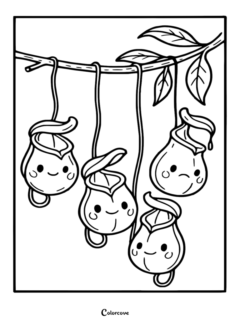 A printable coloring page featuring four kawaii pitcher plants with different facial expressions hanging from a rainforest tree branch.